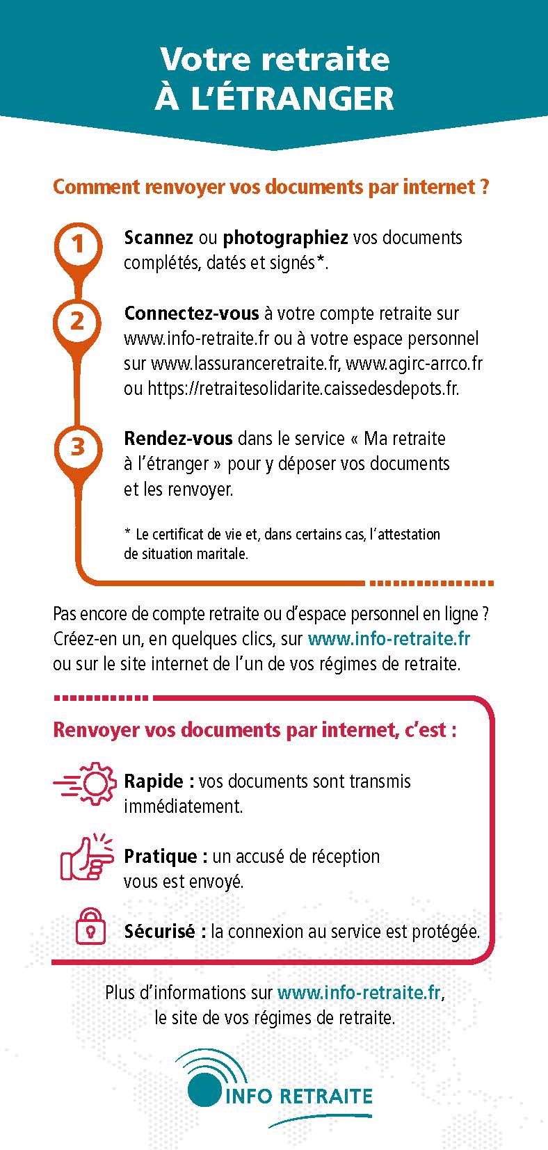 1. Scannez ou photographiez vos documents complétés, datés et signés / 2. Connectez-vous à votre compte retraite sur www.info-retraite.fr ou à votre espace personnel sur www.lassuranceretraite.fr, www.agir-arrco.fr ou https://retraitesolidarite.caissedesdepots.fr / 3. rendez-vous dans le service "Ma retraite à l'étranger" pour y déposer vos documents et les renvoyer. Le certificat de vie et, dans certains cas, l'attestations de situation maritale. / Pas encore de compte retraite ou d'espace personnel en ligne ? Créez-en un, en quelques clics, sur www.info-retraite.fr ou sur le site internet de l'un de vos régimes de retraite / Renvoyer vos documets par internet, c'est : Rapide, vos documents sont transmis immédiatement, Pratique un accusé de réception vous est envoyé, Sécuritsé la connexion au service est protégée. Plus d'information sur www.info-retraite.fr, le site de vos régimes de retraite